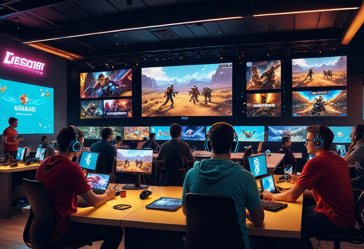 A dynamic scene showing a diverse group of gamers intensely focused on their screens, surrounded by floating game icons representing different genres, with vibrant colors illuminating the room. Include game controllers, snacks, and strategic charts on the wall, creating an energetic atmosphere. A digital scoreboard displaying achievements in the background. super-realistic. vibrant colors. 3D.
