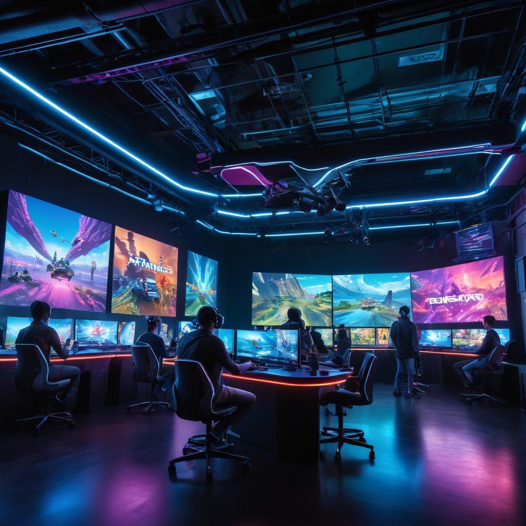 A futuristic gaming landscape featuring diverse gamers using advanced VR headsets, surrounded by holographic displays showing the latest gaming trends and characters. Integrate elements such as e-sports competitions and colorful, dynamic environments that depict innovation and excitement in gaming. The atmosphere should be vibrant and engaging, with neon lights highlighting the tech-savvy culture of the gaming community. super-realistic. vibrant colors. 3D.
