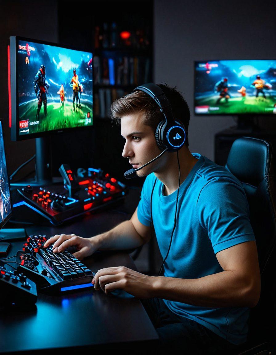 A dynamic collage showcasing a gamer immersed in both tutorials and eSports competitions, with vibrant screens displaying game strategies and intense match highlights. Include elements like a gaming controller, headphones, and trophies in a modern gaming room setting, illuminated by colorful LED lights. The atmosphere should be energetic and engaging, capturing the essence of the ultimate gaming experience. digital art. vibrant colors. 3D.